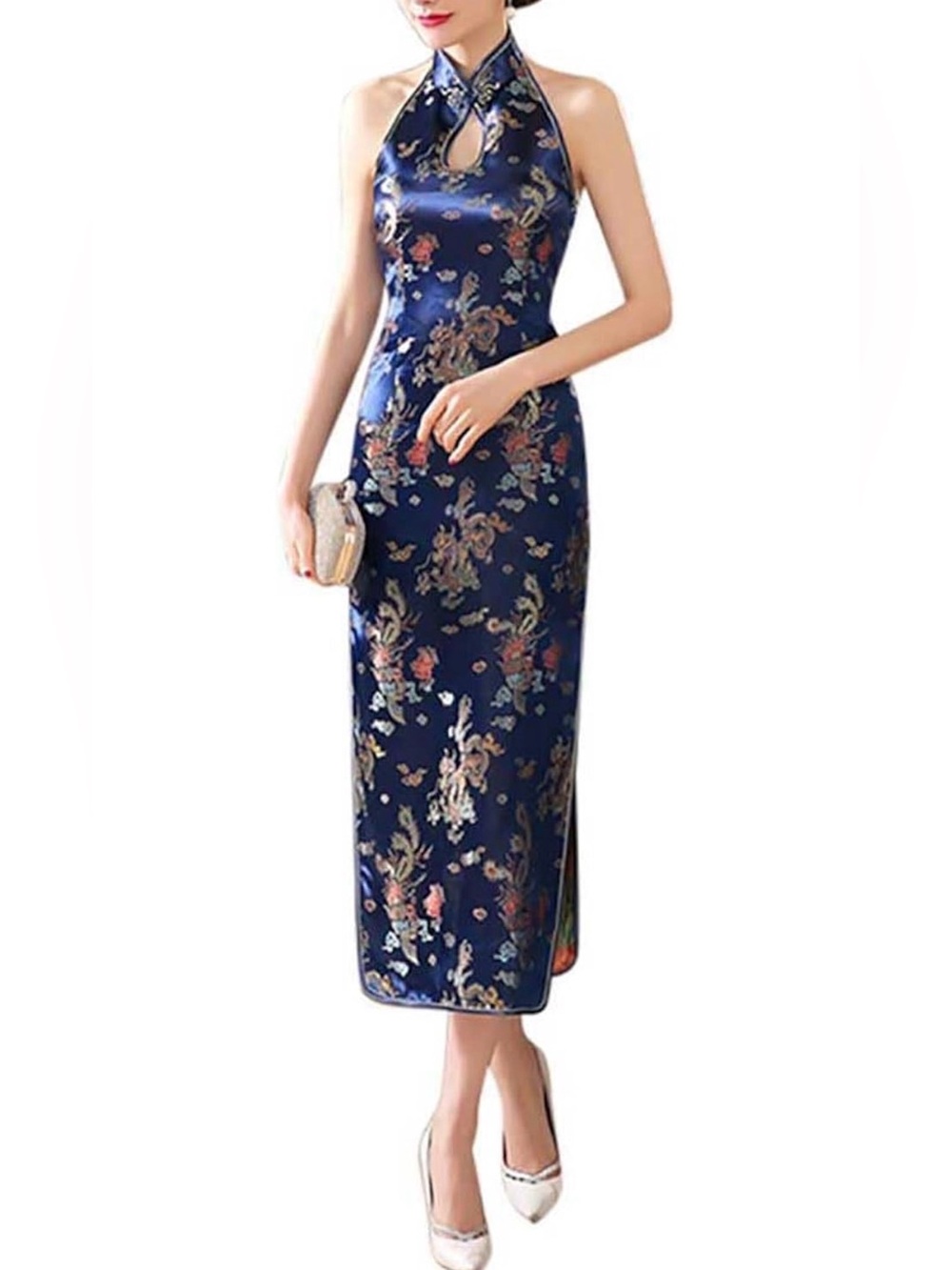 Women's Halterneck Sleeveless Chinese Cheongsam Mandarin Collar Dress Sz Small - Picture 3 of 14